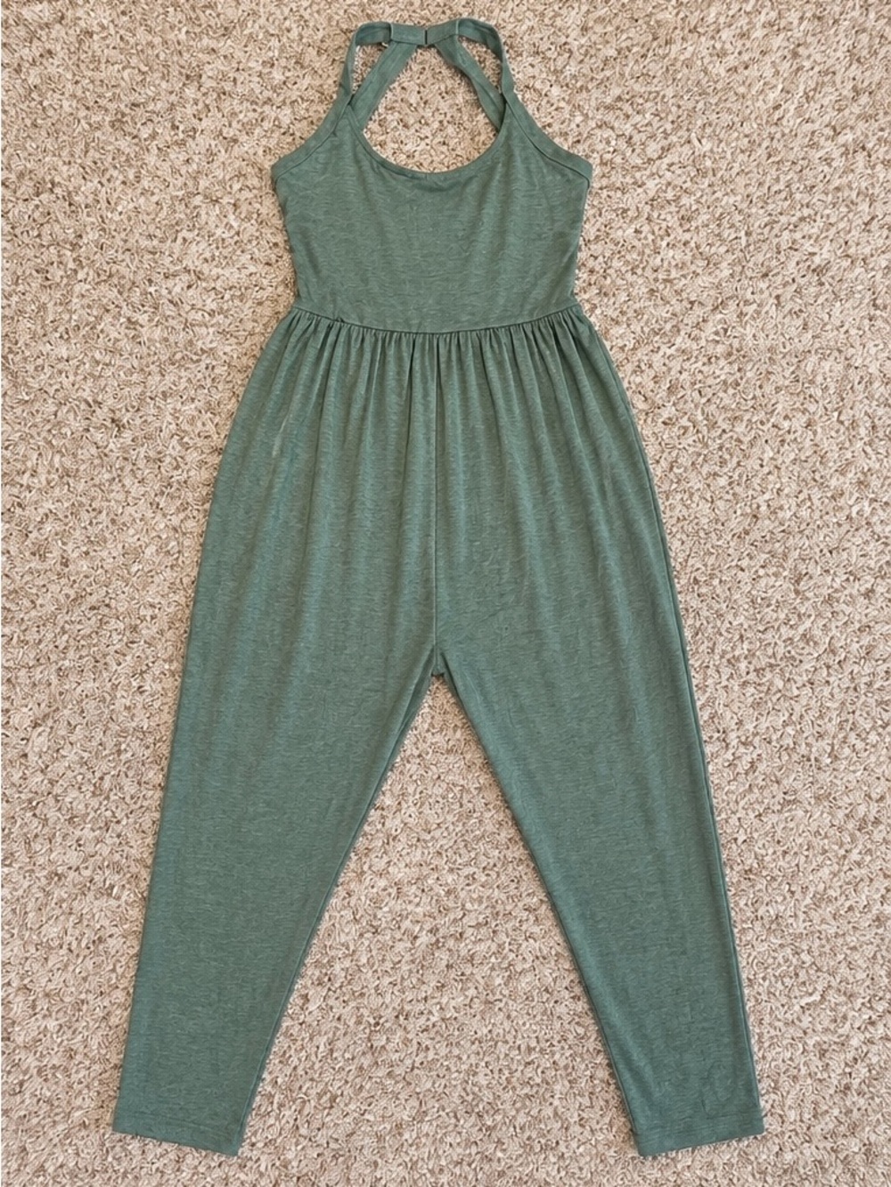 Halara Easy Peezy Harem Jumpsuit L Sage Green Twisted Open Back Pockets NWT